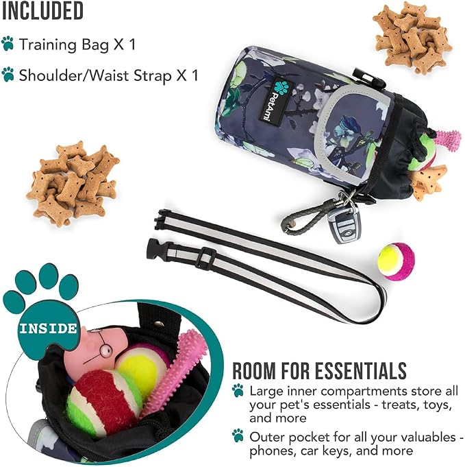 PetAmi Dog Treat Pouch, Large Hands-Free Training Bag, Floral Gray | Built-In Poop Bag Dispenser, Holds 3 Cups Of Treats, 4 Ways to Wear, D-Ring, Reflective Strap, Dog Treat Bag for Walking