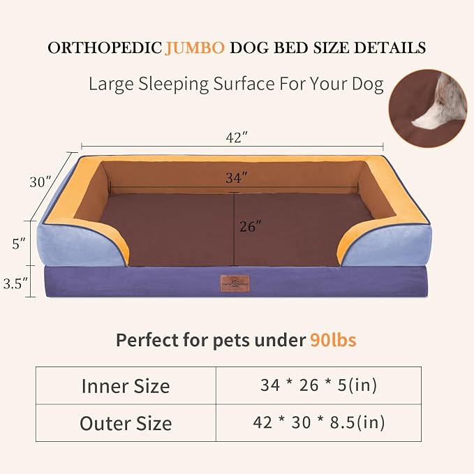 Comfort Expression Orthopedic Dog Bed for Extra Large Dogs with Bolster | Waterproof Dog Couch Bed with Washable Cover & Non-Slip Bottom, Supportive Egg Crate Foam XL Pet Bed, 42x30 Inch