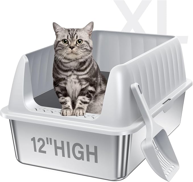 Stainless Steel Cat Litter Box XL with Lid, Enclosed Metal Extra Large Litter Box Pan High Sided with Scoop for Big Cats, Non-Sticky, Anti-Urine Leakage, Easy Cleaning (Light Gray, Large)
