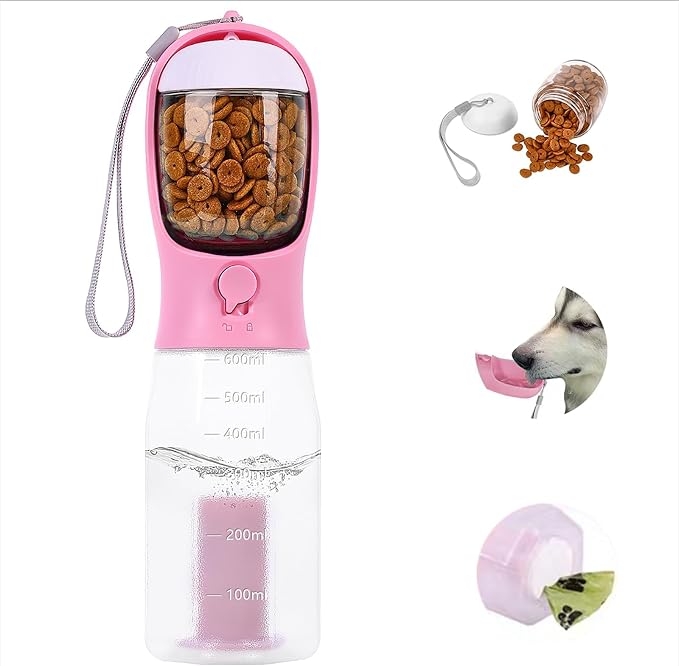3-in-1 Portable Dog Water Bottle Dispenser,Crate with Food Container, Replaceable Waste Bags,Dog Stuff Accessories Items, Puppy Essentials Necessities,for Walking&Hiking (20oz-Pink)
