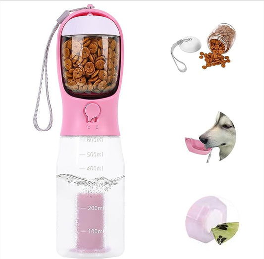 3-in-1 Portable Dog Water Bottle Dispenser,Crate with Food Container, Replaceable Waste Bags,Dog Stuff Accessories Items, Puppy Essentials Necessities,for Walking&Hiking (20oz-Pink)