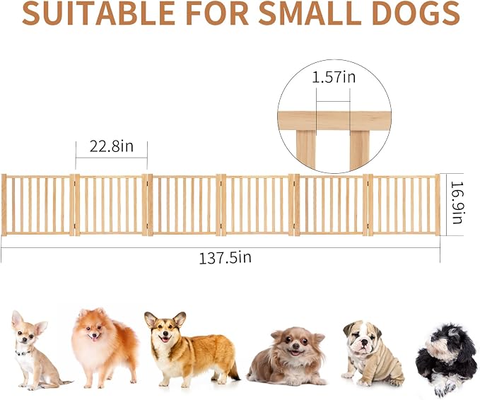 YOCAN Non-Painted Wooden Freestanding Dog Gates for The House,Doorways, Stairs,Wood Dog Fences Indoor Pet Gate,Step Over Fence-6 Panel H:16.9" L:138"