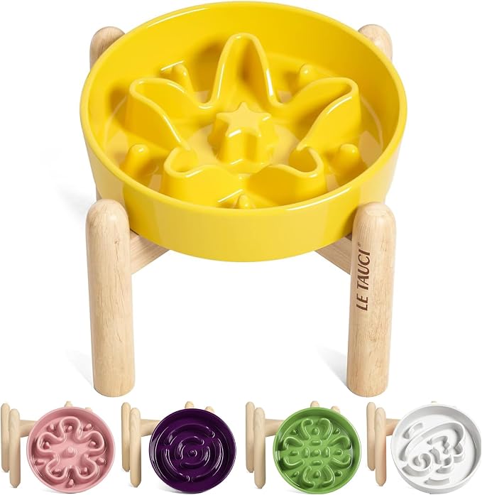 LE TAUCI Ceramic Slow Feeder Dog Bowls Elevated, 3 Cup Raised Bowl with Wooden Stand for Medium Large Breed, Slow Down Eating, Puzzle Dog Food Bowl, Star Yellow
