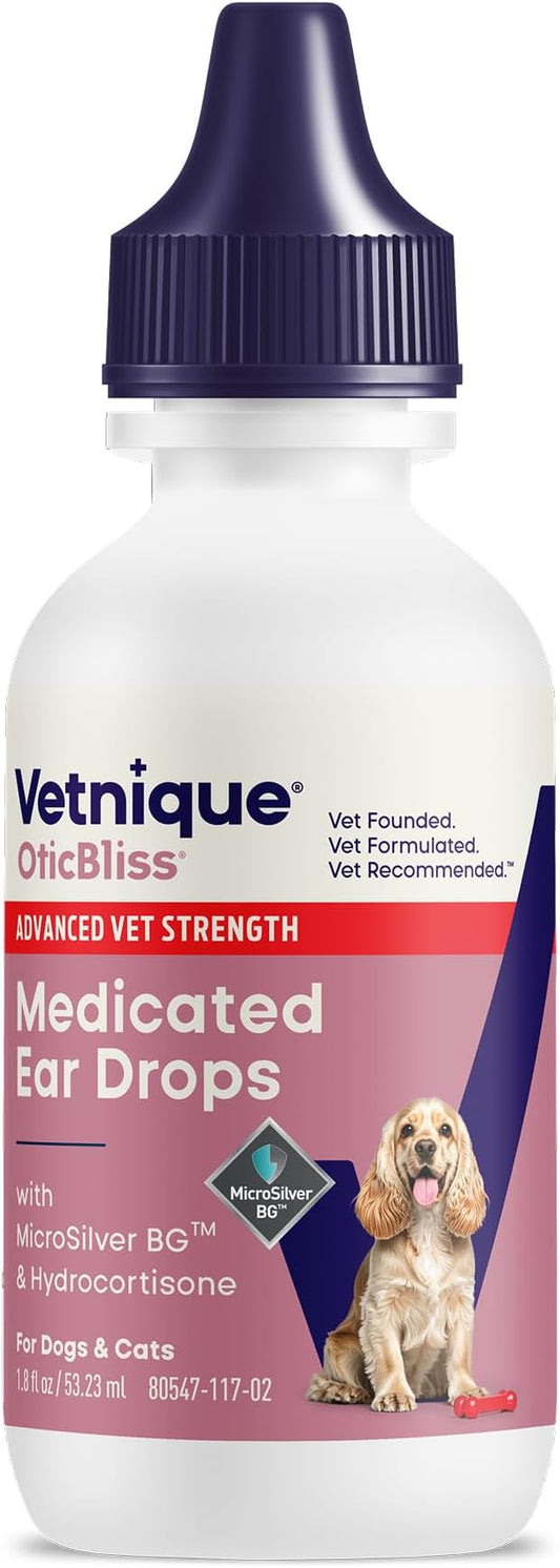 Vetnique Oticbliss Medicated Ear Drops for Dogs & Cats, Infection & Allergy (Ear Infection Drops) | Medicated Otic Drops in Two Formulas, MicroSilver BG for Infection & 1% Hydrocortisone With Chitosan for Allergy Itch Relief