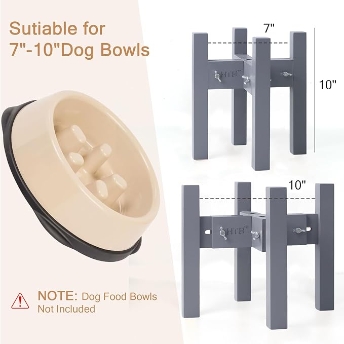 Elevated Dog Bowl Stand Adjustable Dog Food Holder 10”H Medium Grey | 10” Elevated Dog Bowl Stand, Medium Dogs, Adjustable, Fits 7”-10” Bowls, Single Bowl Holder, Natural Bamboo, Classic Grey