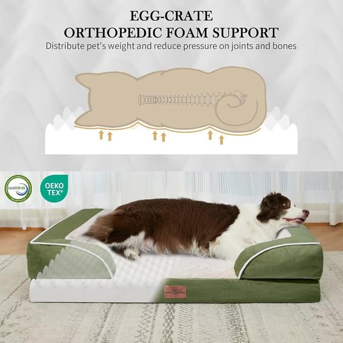 Comfort Expression Orthopedic Dog Bed for Extra Large Dogs with Bolster | Waterproof Dog Couch Bed with Washable Cover & Non-Slip Bottom, Supportive Egg Crate Foam Big Dog Bed, 53x42Inch