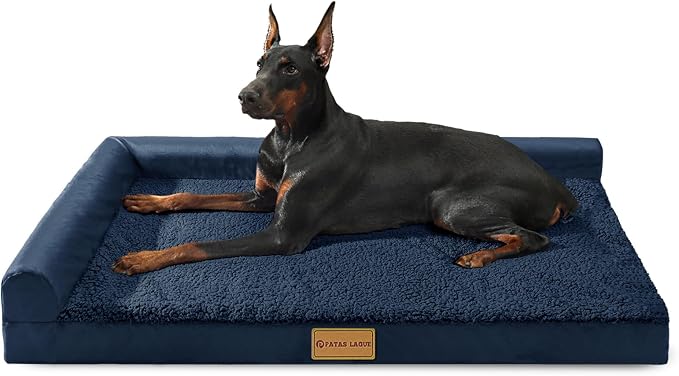 Patas Lague Orthopedic Large Dog Bed Washable Pet Sofa Bed 56X40 Navy Blue | 2-Sided Bolster Egg-Crate Foam Dog Couch Large Sized Dogs, Waterproof Removable Washable Cover, Nonskid Bottom Pet Crate Mat