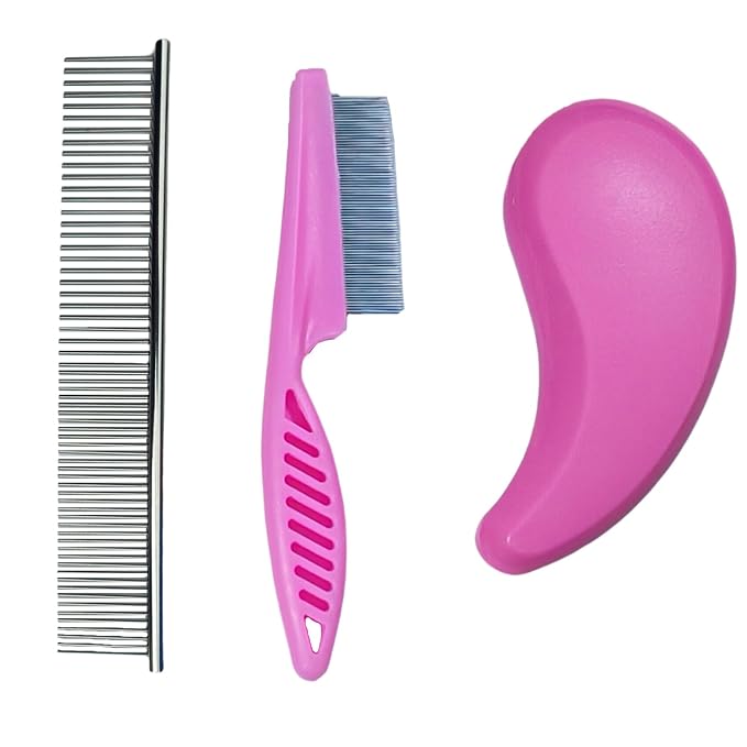3 PCS Puppy Brush Grooming Kit, Stainless Steel Flea Comb, Fit for Yorkie, Shih Tzu, Maltipoo, Soft Bristle (Pink)