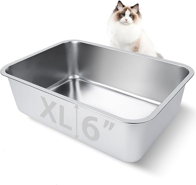 Stainless Steel Cat Litter Box for Adult Cats or Kitty/Kitten 19.5"x13.6"x6" Rust-Proof, High Side, Non Stick, No Smell, Easy to Clean Metal Cat Litter Box
