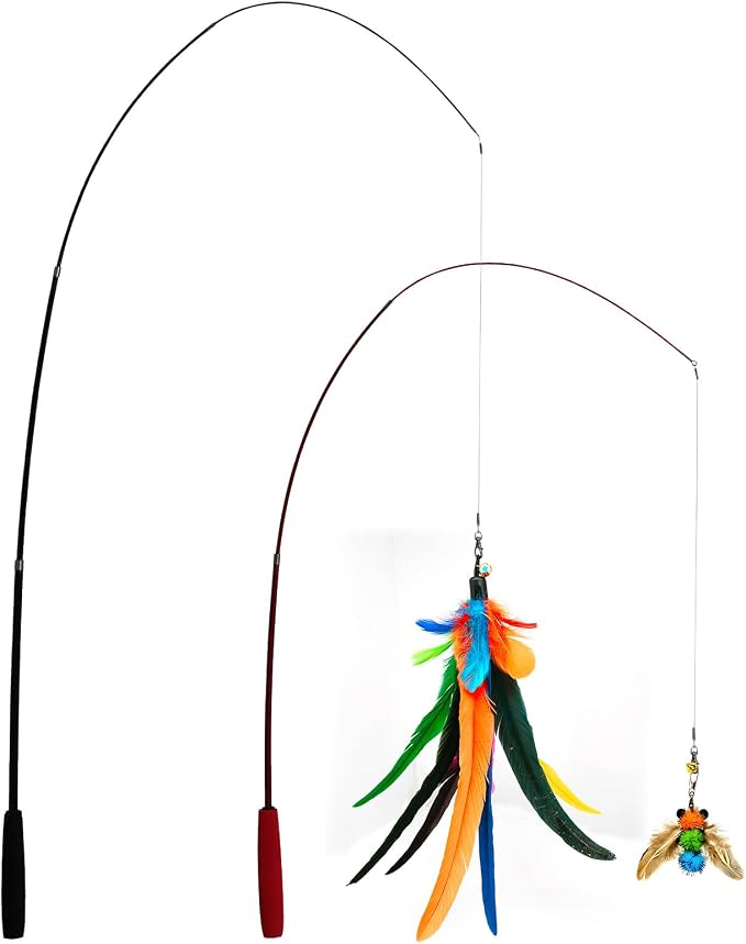 miwoowim Cat Toys Interactive for Indoor Cats, 2PCS Ultra-Long Teaser(50"+38")+9PCS Da Bird Feather Refills, Fishing Pole Toy,Retractable Cat Wand Toy and Feather Toys Refills Attachment Replacement