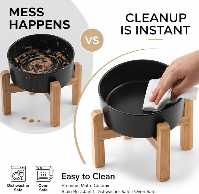 hjn Elevated Ceramic Dog Bowl/Raised Ceramic Dog Bowls with Bamboo Stand, 15°Slanted Raised Pet Feeder for Small Medium Dogs and Cats, Non-Slip Heavy Weighted Design (Black, 3.6Cup)
