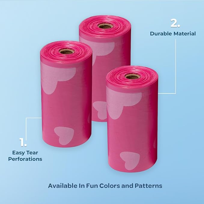 Best Pet Supplies Dog Poop Bags for Waste Refuse Cleanup, Doggy Roll Replacements for Outdoor Puppy Walking and Travel, Leak Proof and Tear Resistant, Thick Plastic - Pink Heart, 240 Bags