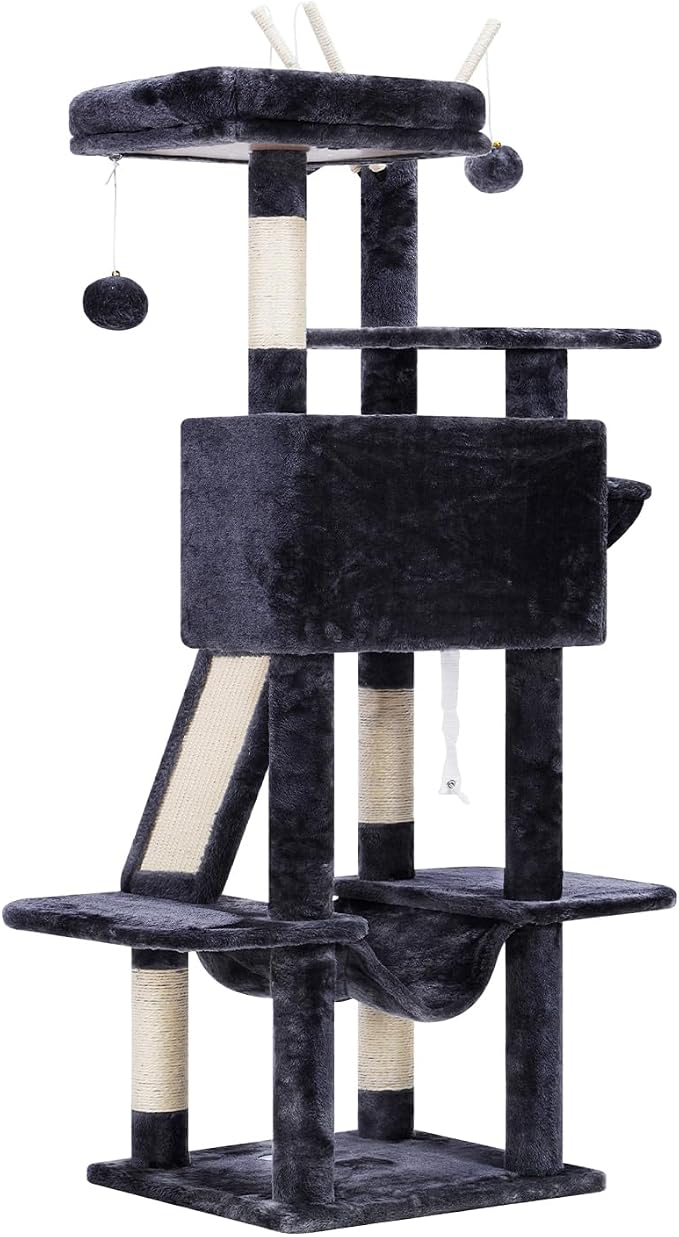 Hey-brother Cat Tree Tower with Padded Platform Bed, Hammock, MPJ019-SG | 53 Inches Cat House with Large Cozy Condo, Toy Balls and Sisal Scratching Posts for Indoor Multi-Cats, Smoky Gray