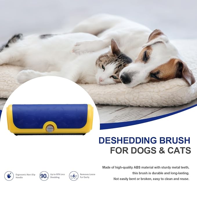 Dog and Cat Deshedding Brush for Short Hair Pets, Blue/Yellow | Metal shedding blade for loose fur, short to medium coats and daily grooming