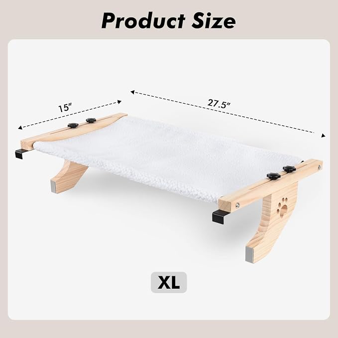 AMOSIJOY Cat Windowsill Perch with Wood & Metal Frame for Large Cat, 27.5in | Solid Wood Frame, Easy to Adjust, Washable Berber Fleece Cover, No Suction Cups Cat Window Seat for Windowsill, Bedside