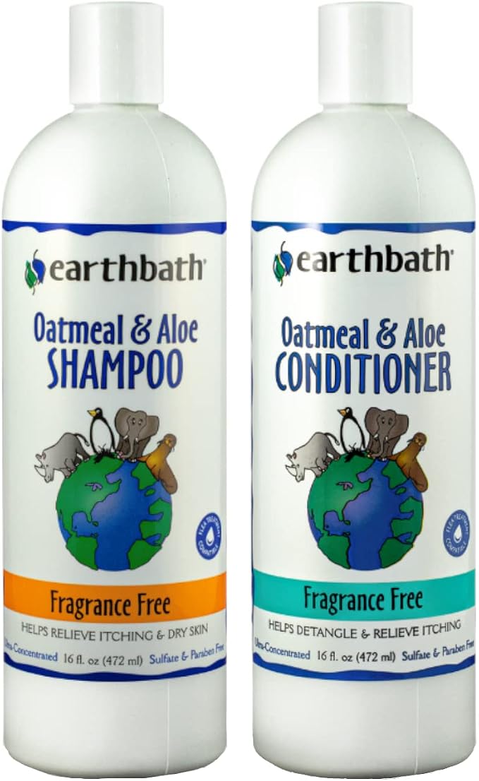 earthbath, Oatmeal & Aloe Dog Shampoo and Conditioner Oatmeal Shampoo For Dogs - Itchy, Dry Skin Relief, Dog Wash, Made in USA, Dog Conditioner, Fragrance Free Pet Shampoos - 16 Oz (1 Set)