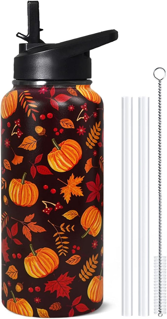 32oz Fall Stainless Insulated Aater Water Bottle with Straw,Autumn Gym Hiking Sports Coffee Mug Cup Water Bottles,Fall Decor Stuff Accessories