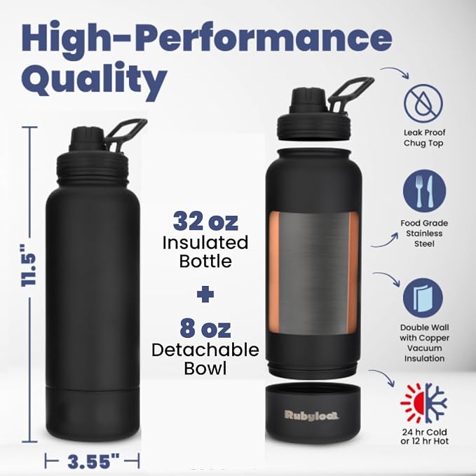 Dog Water Bottle for Dog Lovers - 32 oz Stainless Steel Double Wall Insulated Water Bottle with 8 oz Detachable Bowl on Bottom for Doggy Mom & Dad for Hiking, Walks, Travel - Black