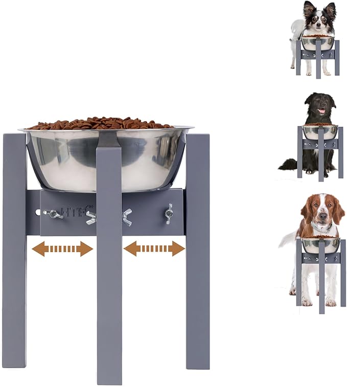 Elevated Dog Bowl Stand Adjustable Dog Food Holder 10”H Medium Grey | 10” Elevated Dog Bowl Stand, Medium Dogs, Adjustable, Fits 7”-10” Bowls, Single Bowl Holder, Natural Bamboo, Classic Grey