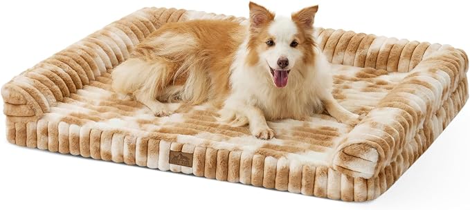 COZY KISS Ultra Soft Faux Rabbit Fur Dog Bed for Large Dogs – 44"x32" Orthopedic Foam Couch, Removable Washable Cover & Waterproof Lining, Tie-Dye Brown