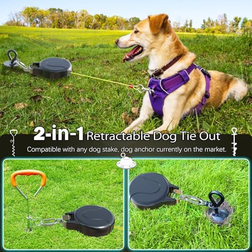 30ft Retractable Dog Leash, 2-in-1 Retractable Dog Lead for Zipline, Aerial Run Cable Trolley Or Stake Anchor, No Tangle Lead Reel for Camping Or Yard (1)
