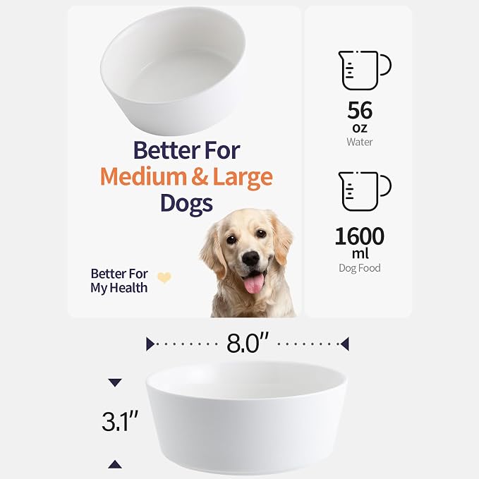 White Elevated/Raised Dog Bowl Ceramic with Wood Stand for Medium Large Breed,Dog Food Water Dish Heavy Wighted,8 in Non Slip Modern Cute Porcelain Pet Bowl Wide Extra Large