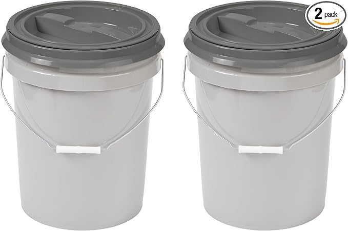 Mighty Tuff 5 Gallon / 21 Pound Pet Food Storage Container, Pack of 2 with Metal Handle and Airtight Lid to Lock in Freshness, Light Grey Base & Dark Grey Lid