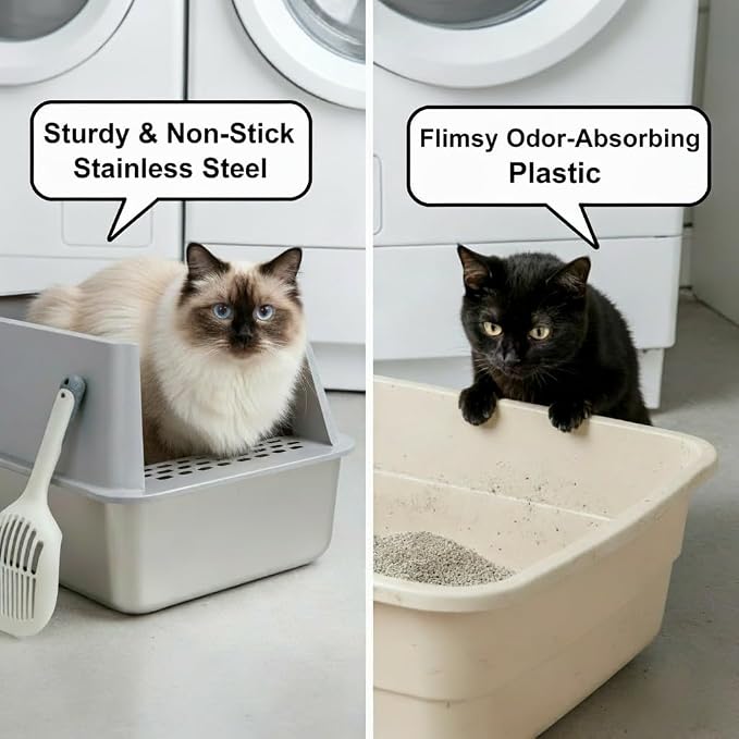 XL Stainless Steel Litter Box 2 Pack, Large to XLarge High Sided Metal Cat Litter Box with Lid, Easy Clean, Non Stick & No Smell