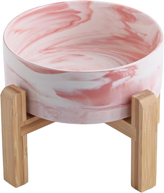 Raised/Elevated Ceramic Dog Bowl for Small Medium Sized Breeds,Dog Food Water Bowl with Stand,6 in Non Slip Heavy Pet Feeding Dish 3.6 Cups/ 850 ml /28 OZ Marble Pink