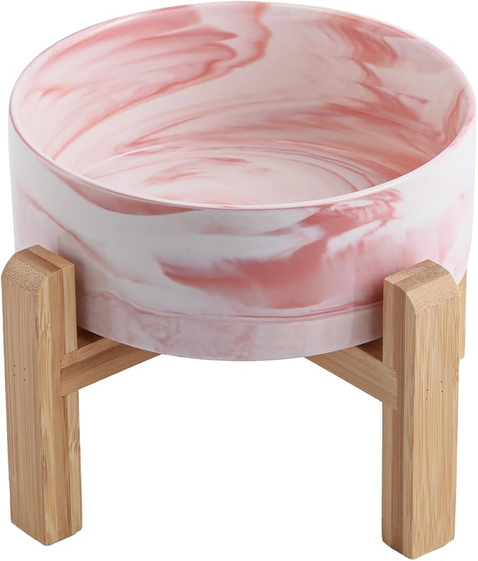 Raised/Elevated Ceramic Dog Bowl for Medium Large Sized Breeds,Large Dog Food Water Bowl with Stand,8 in Non Slip Heavy Weighted 1800ml/ 7.6 Cups/60 OZ Marble Pink