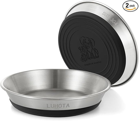 2 Pcs Stainless Steel Cat Bowls, Shallow Wide Food Water Bowls with Non-Slip Silicone Base, Dishwasher Safe for Cats Kittens Small Dogs Indoor Outdoor Use