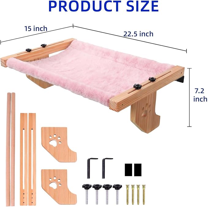 ESPETS Wooden Cat Window Bed for Large Cats, Pink Cat Window Perch Hammock | Solid Wood Window Ledge Perch, Sturdy Large Size Shelves, Soft Thick Removable Cushion, Easy Assemble Adjustable, Hold 50LBS