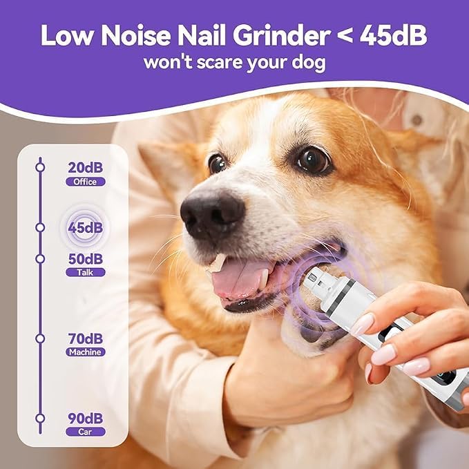 Dog Nail Grinder Quiet- Ultra-Quiet Dog & Cat Nail Grinder with LED Light & Battery Display & Upgrade Grinding Head - Painless Nail Trimmer for Small to Large Pets, Thick Nails, and Sensitive Paws