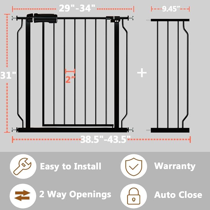 Fairy Baby Walk Through Baby Gate 38.5-43.5 Inch Wide for Stairs, Pressure Mounted Safety Gate with Door No Drill, Black Tension Metal Gate for Dog and Toddler