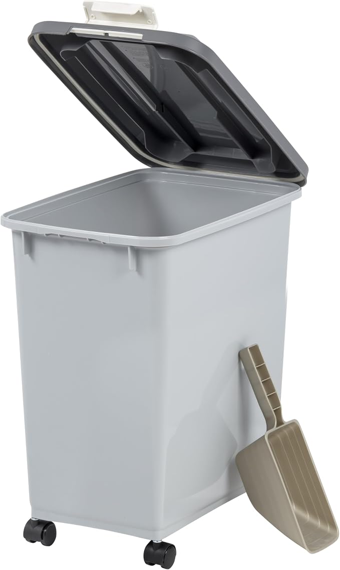 IRIS USA Dog Food Storage Container, Up to 30 lbs, Gray/Dark Gray | Made in the USA, Comes w/ Wheels & 2-Cup Scoop, Airtight Seal, BPA-Free, Kibbles, Bird Seed, Cat food, Cat Litter, Pellets