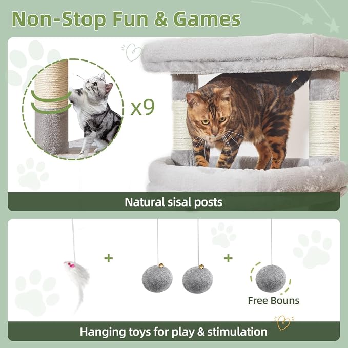 Taoqimiao Heavy-Duty Cat Tree, 71 in Cat Tower for Large Cats 20lbs+ | 3 Giant Multi-Tier Perches, Widened Cat Condo with 9 Scratching Posts, Plush Hammock & Basket, Toys, Light Gray, MS034W
