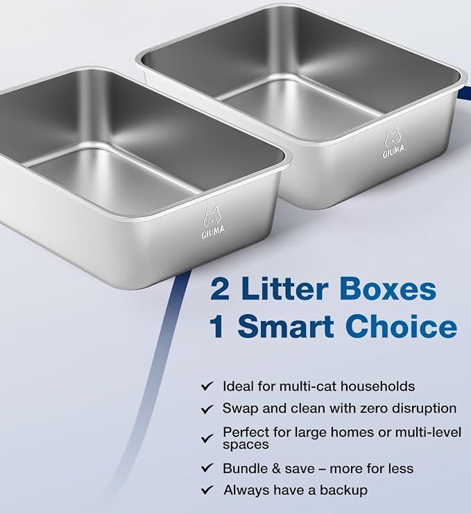 Qiuma 2 Pack Stainless Steel Cat Litter Box, 23.4" L×15.6" W×7.8" H, Metal Kitty Litter Box with High Sided for Big Cats, Non-Stick, Easy to Clean, Odor-Free