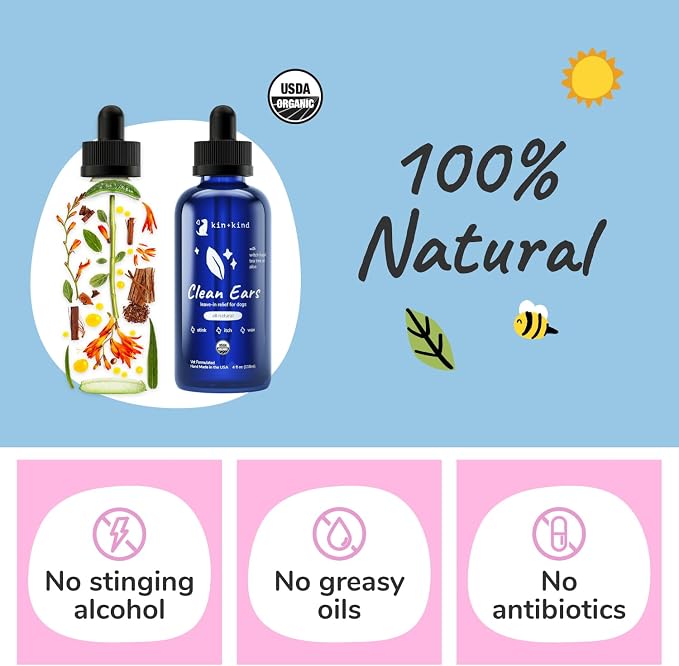 kin+kind Clean Ears - Natural Leave-in, No-Rinse Dog Ear Cleaner Solution - USDA Organic, Non-Greasy - 4 fl oz