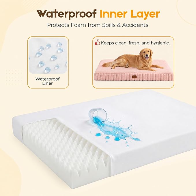 Orthopedic Dog Bed for Extra Large Dog, Waterproof Pet Bed for Crate,Non-Slip Bottom and Egg-Crate Foam with Removable Washable Cover Crate Bed,Pink,41"x27"x4"