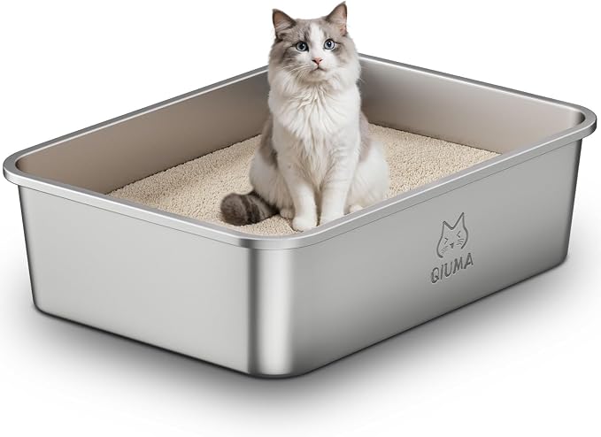 Qiuma Jumbo Stainless Steel Cat Litter Box, 27.5"×19.6"×7.8", XXL Metal Litter Pan with High Sides, Odor-Free, Non-Stick, Easy to Clean, Ideal for Extra-Large Cats & Multi-Cat Households