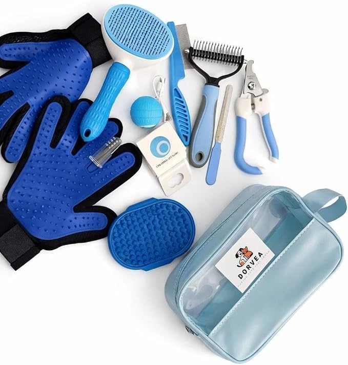 12-in-1 Pet Grooming Kit for Cats & Dogs, Professional Grooming Tools Set with Deshedding Brush, Slicker Brush, Grooming Glove, Nail Clipper, Flea Comb, Cat Teaser Ball & Storage Bag