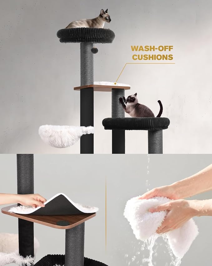 63" Wooden Cat Tree, Modern Cat Tower, Self-Grooming Brush, Walnut | Heavy Duty Cat Tree, Cats Furniture, for Large Cats up to 15 lbs, Climbing Post, Plush Top Perch, Stable Base, Cozy Cat Condo
