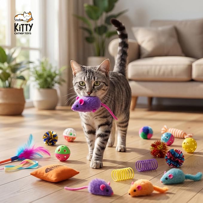 Kitty Catnip Toys- 60 Interactive Cat Toys for Indoor Cats & Kittens – Crinkle Balls, Sparkle Pom Pom Balls, Spiral Springs, Cat Mice, Teaser Wand, Kitten Toys - Variety Pack