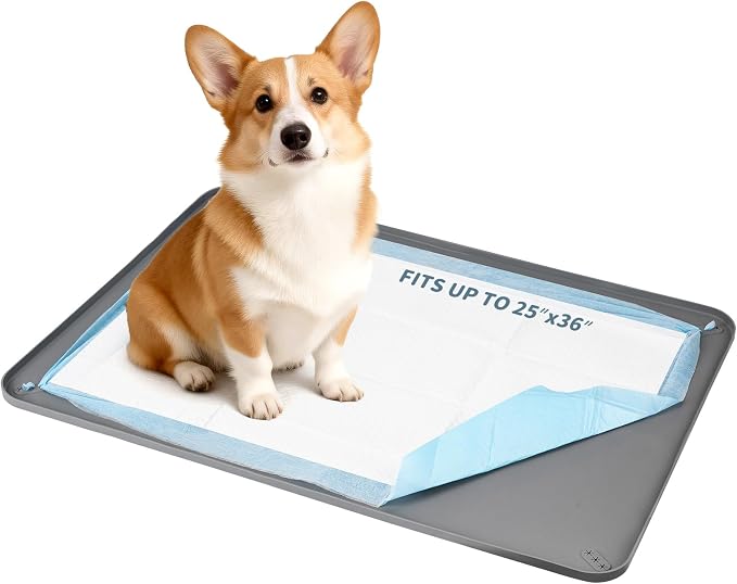 Pee Pad Holder, Silicone Dog Puppy Pad Tray for DogTraining Pads Non-Slip Leak-Proof High Edge Mat, Dog Potty Tray for Home Floor Protection- Grey 25" x 36"