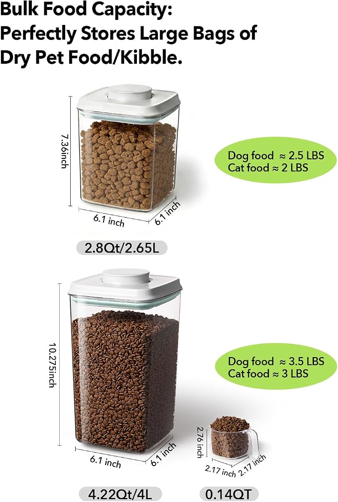 Dog Food Storage System with One-Touch Lid, (4 ×4.22 QT / 4.0 L) Best Value BPA-Free Cat Food Storage Container，Stackable Durable PET with 130ml Scoop, for Complete Kibble & Supply Organization