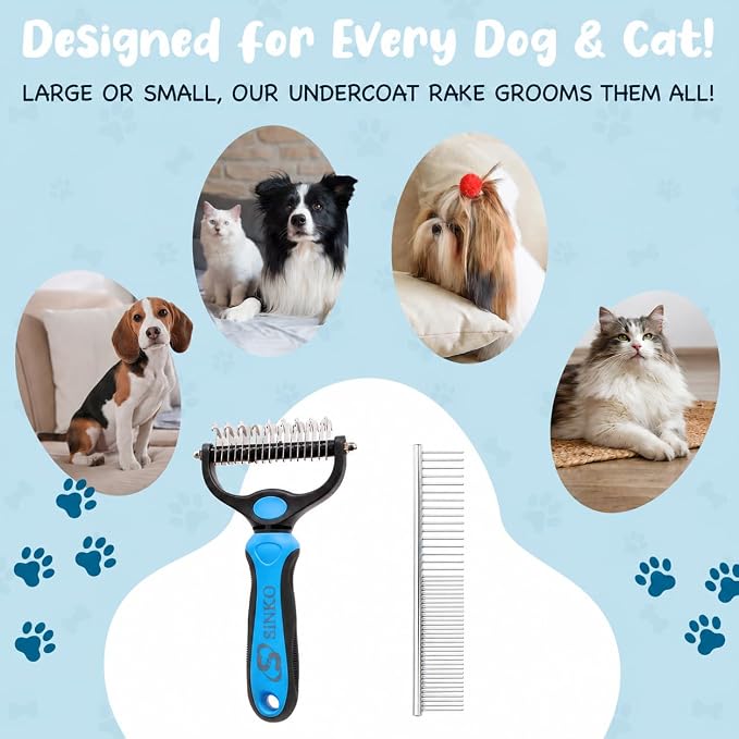 Sinko Shedding Brush for Dog and Cat, Undercoat Rake & Comb with Extra-Wide Double-Sided Stainless Steel Teeth for Deshedding, Brushing, Removing Loose Fur, Knots, Mats & Tangles in Pets (Blue)