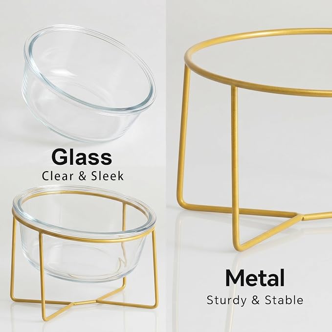 Large Glass Tilted Elevated Cat Dog Bowl Raised Cat Food Water Bowl Dish Pet Comfort Feeding Bowls with Gold Iron Stand