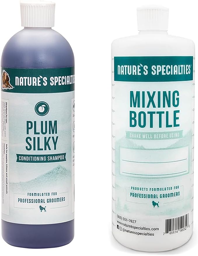 Nature's Specialties Mixing Bottle and Dog Shampoo Concentrate Bundle, Easy to Read Measurements Mixing Bottle 32 oz, Plum Silky Dog Shampoo Conditioner Concentrate 16 oz