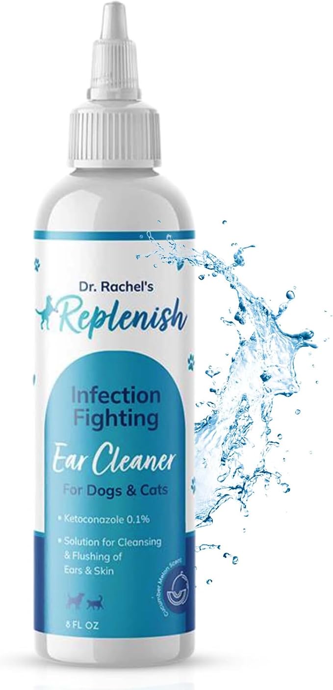 Replenish Otic Ear Cleaning Solution for Dogs, Antiseptic Ear Flush, 8 oz | Dr. Rachel's Antiseptic Ear Cleaner for Dogs & Cats – Advanced Ear Flush for Yeast Treatment and Odor Control – 8 oz