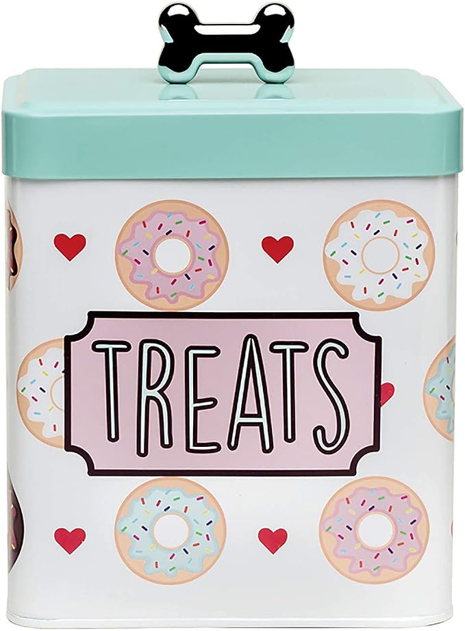 Amici Pet, , Barkers Dozen Metal Treats Canister, Doughnuts and Hearts Design, Food Safe, Push Top Lid with Metal Bone Shaped Knob, 96 Ounce Capacity